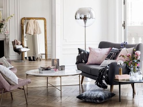 Dusty pink and grey interior in French inspired living room