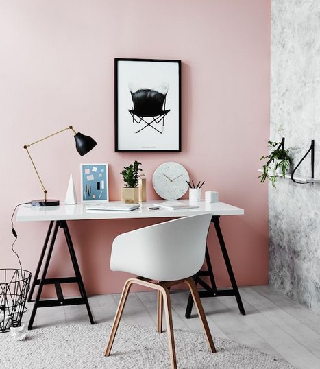 Pink and white Scandi office with black accents