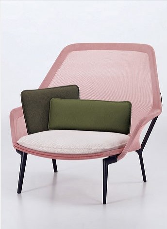 Mesh pink armchair with white and green cushions