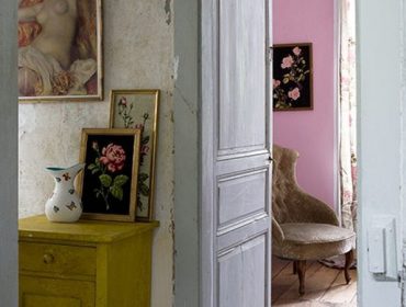 Rustic interior design - blue double doors and pink wall