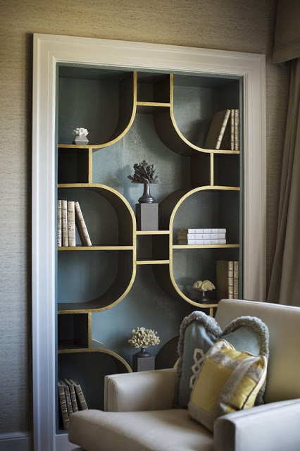 luxe bookcase gold and blue