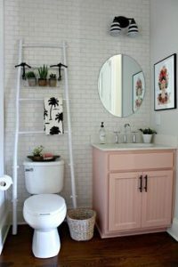 Small bathroom ideas - white ladder and pink cabinet