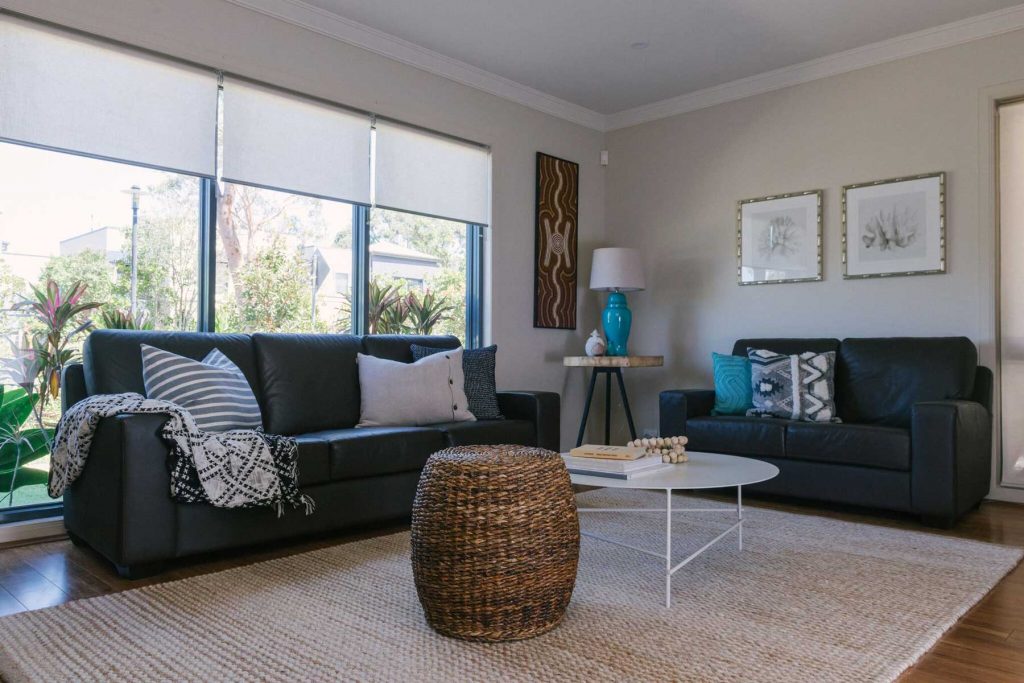 blue and natural coastal style living room