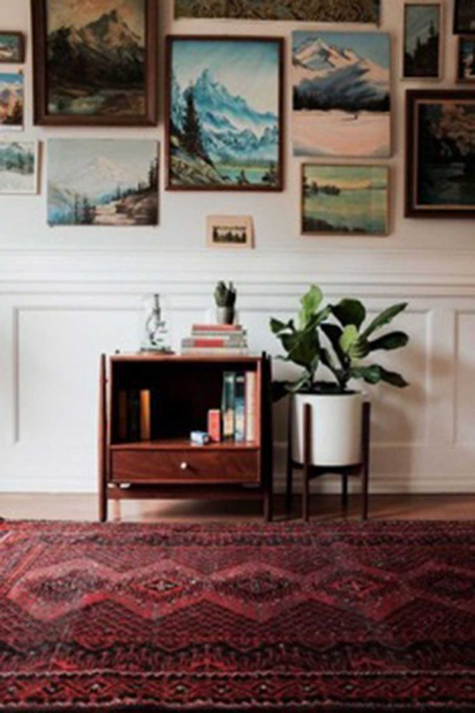 Vintage interior design gallery wall and vintage rug