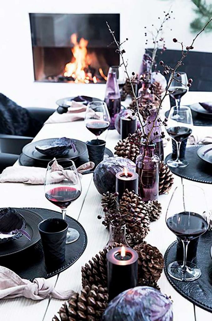 Scandinavian interior design dark Christmas table setting