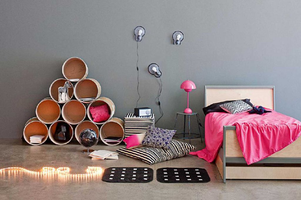 tween-age bedroom cylindrical shelves